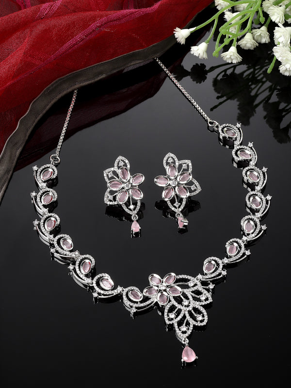 Rhodium-Plated Pink American Diamond Studded Floral & Paisley Shaped Necklace with Earrings Jewellery Set