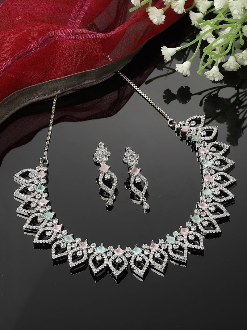 Rhodium-Plated Sea Green & Pink American Diamond Studded Floral & Leaf Shaped Necklace with Earrings Jewellery Set