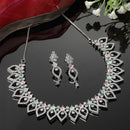 Rhodium-Plated Sea Green & Pink American Diamond Studded Floral & Leaf Shaped Necklace with Earrings Jewellery Set