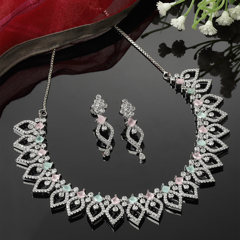 Rhodium-Plated Sea Green & Pink American Diamond Studded Floral & Leaf Shaped Necklace with Earrings Jewellery Set