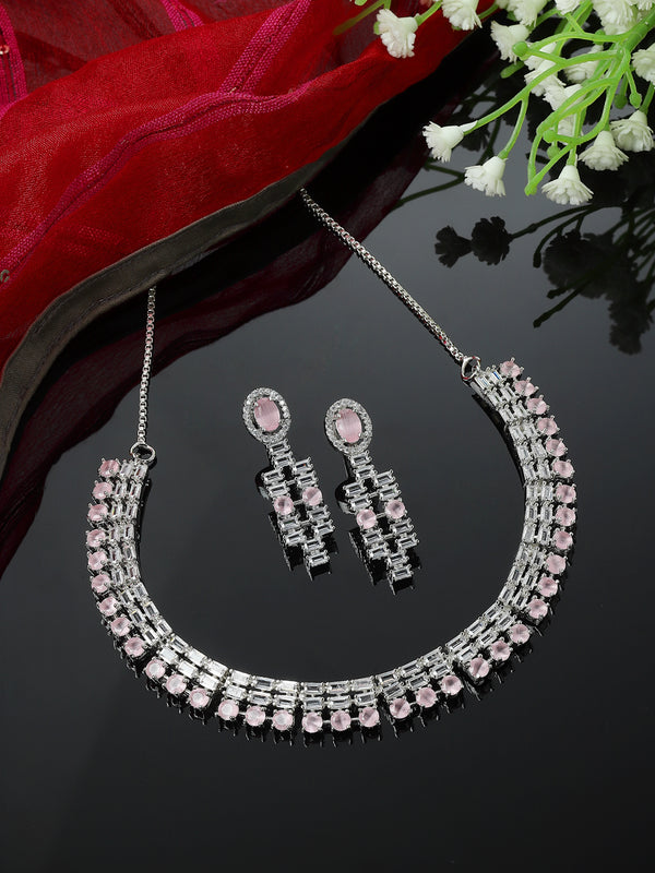 Rhodium-Plated Pink Round Shape American Diamonds Studded Necklace & Earrings Jewellery Set