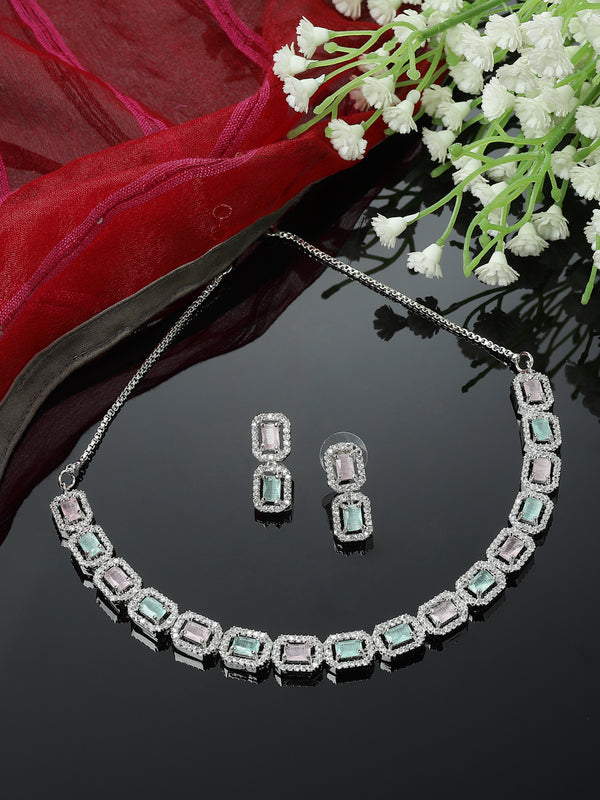 Rhodium-Plated Pink & Sea Green American Diamonds Studded Quadrate Shaped Necklace & Earrings Jewellery Set