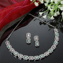 Rhodium-Plated Pink & Sea Green American Diamonds Studded Quadrate Shaped Necklace & Earrings Jewellery Set