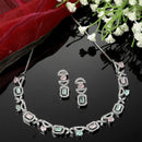 Rhodium-Plated Pink & Sea Green American Diamonds Studded Boxy Necklace & Earrings