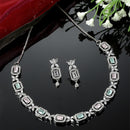 Rhodium-Plated Pink & Sea Green American Diamonds Studded Cubical Necklace & Earrings Jewellery Set