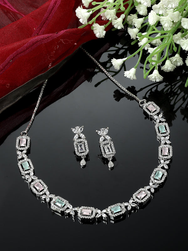 Rhodium-Plated Pink & Sea Green American Diamonds Studded Cubical Necklace & Earrings Jewellery Set