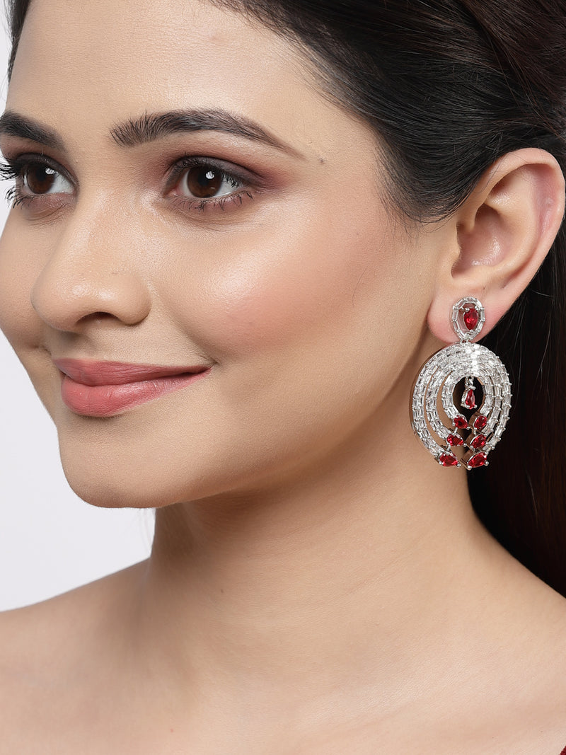 Rhodium-Plated with Silver-Tone Red & White American Diamond Studded Circular Contemporary Drop Earrings