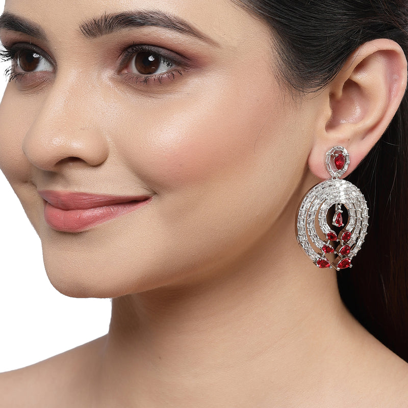 Rhodium-Plated with Silver-Tone Red & White American Diamond Studded Circular Contemporary Drop Earrings