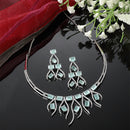 Rhodium-Plated Sea Green American Diamond Studded Contemporary Necklace with Earrings Jewellery Set
