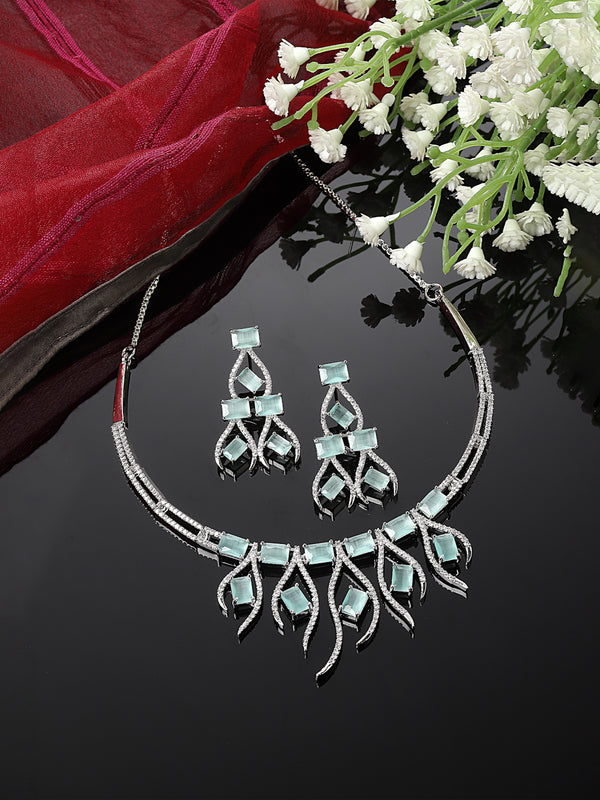 Rhodium-Plated Sea Green American Diamond Studded Contemporary Necklace with Earrings Jewellery Set