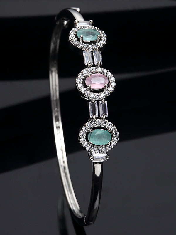 Rhodium-Plated Sea Green & Pink Oval Shape American Diamond Studded Kada Bracelet