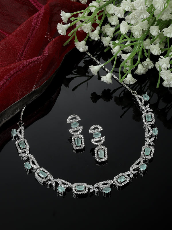 Rhodium-Plated Sea Green American Diamonds Studded Boxy Necklace & Earrings Jewellery Set