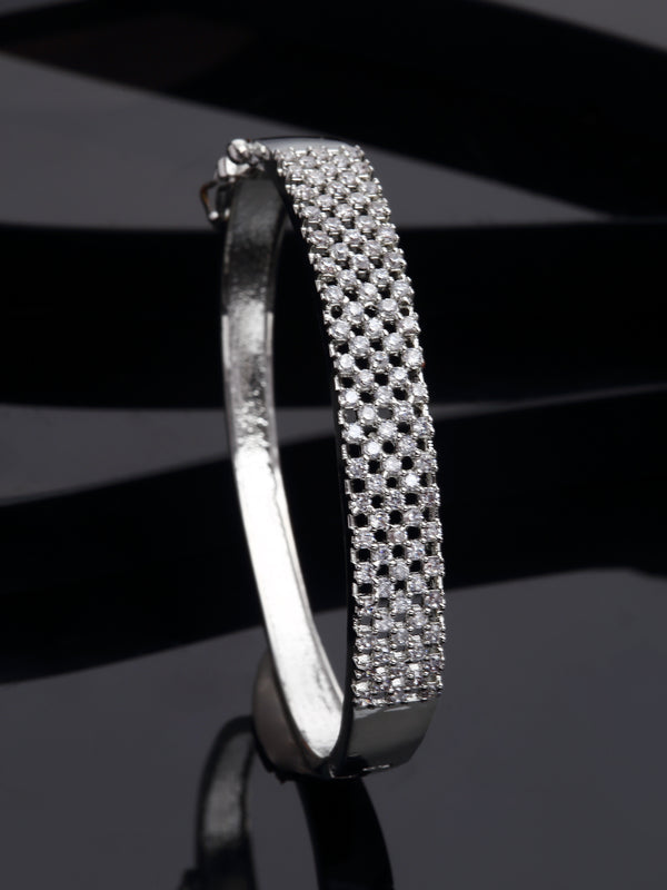 Rhodium-Plated Silver Toned White American Diamond Studded Kada Bracelet