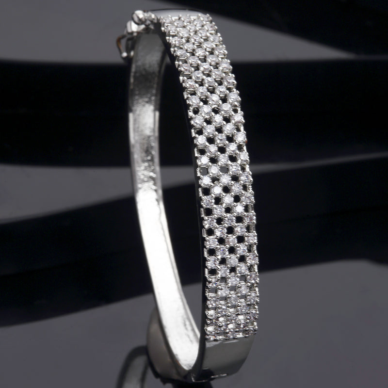Rhodium-Plated Silver Toned White Geometric Shape American Diamond Studded Bracelet