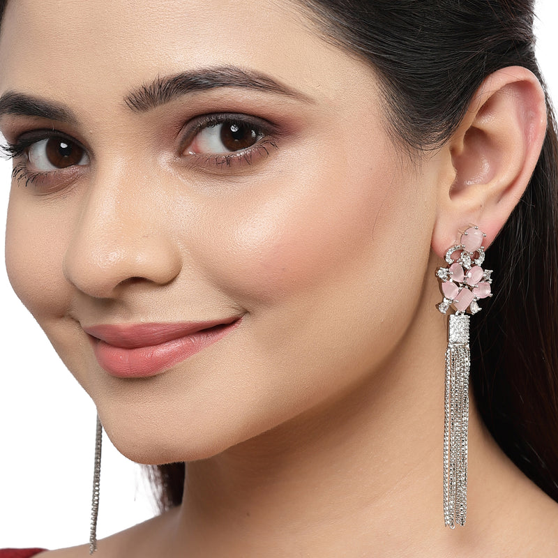 Pink Rhodium-Plated with Silver-Toned American Diamond Contemporary Drop Earrings