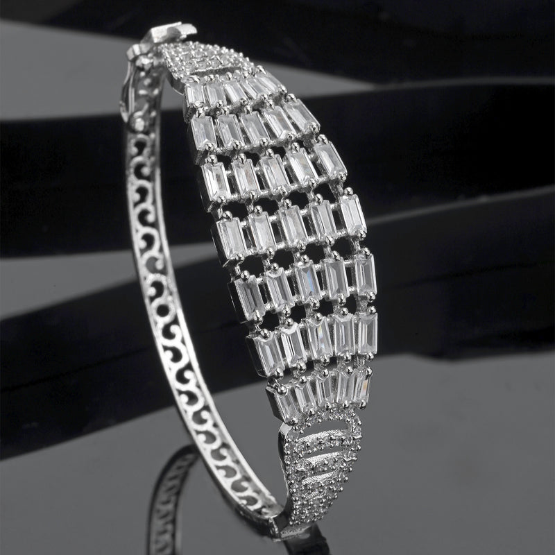 Rhodium-Plated Silver Toned Multi Row White American Diamond Studded Bracelet