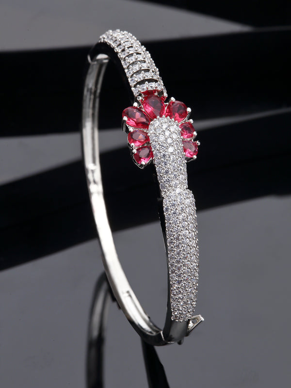 Rhodium-Plated Red American Diamond Studded Floral Kada Bracelet