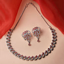Rhodium-Plated Red American Diamond Studded Leaf Shaped Necklace with Earrings Jewellery Set