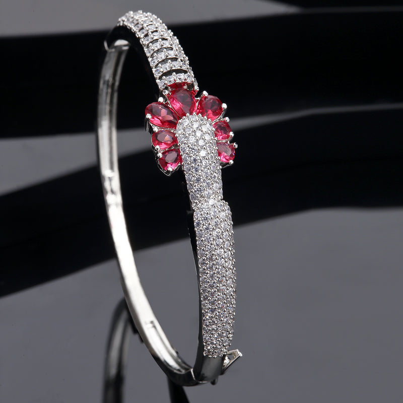 Rhodium-Plated Silver Toned Petal Shaped Red American Diamond Studded Bracelet