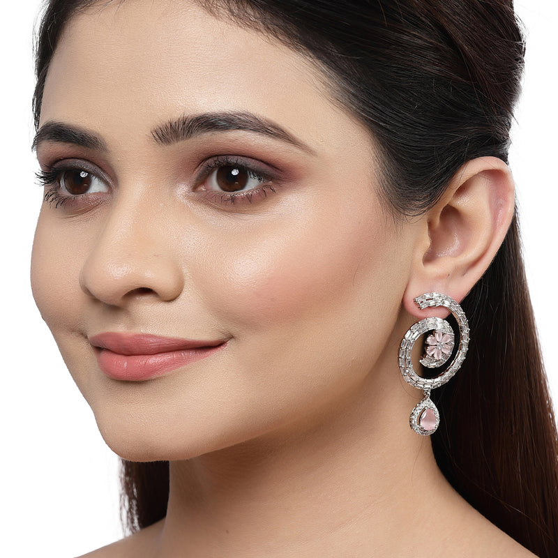 Rhodium-Plated with Silver-Toned American Diamond Circular Drop Earrings