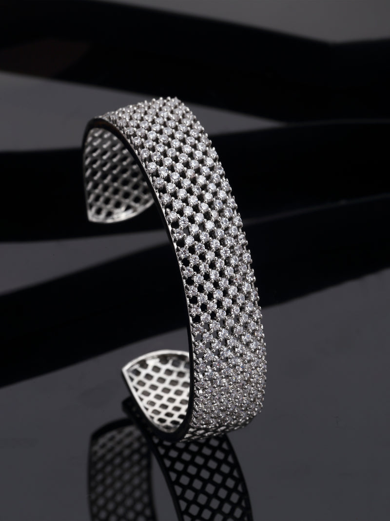 Rhodium-Plated White American Diamond Studded Handcrafted Cuff Bracelet