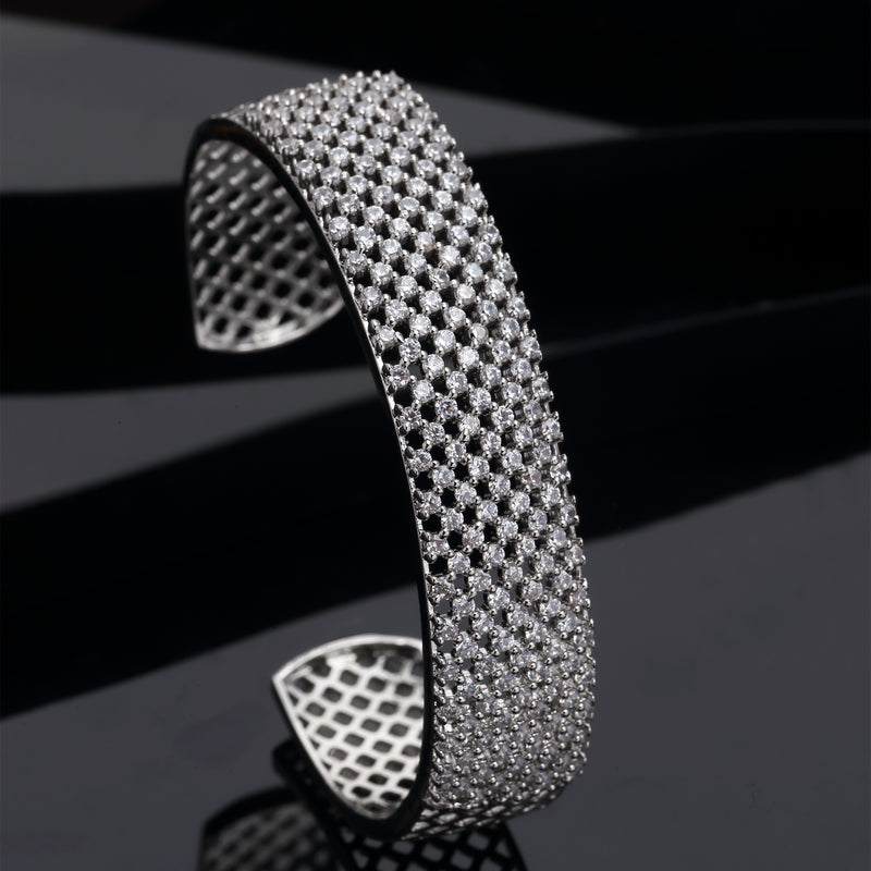 Rhodium Plated Silver Toned White American Diamond Studded  Cuff Bracelet