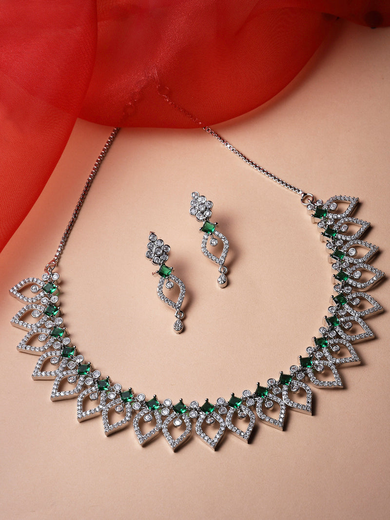 Rhodium-Plated Green American Diamond Studded Floral & Leaf Shaped Necklace with Earrings Jewellery Set