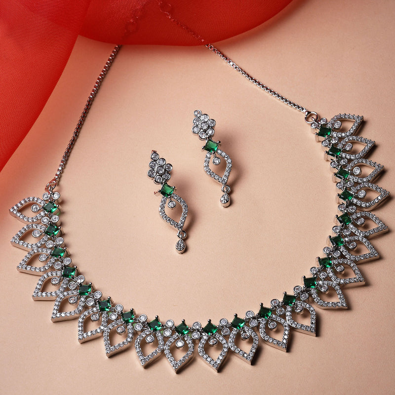 Rhodium-Plated Green American Diamond Studded Floral & Leaf Shaped Necklace with Earrings Jewellery Set