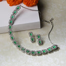 Rhodium-Plated Green American Diamonds Studded Quadrate Shaped Necklace & Earrings Jewellery Set
