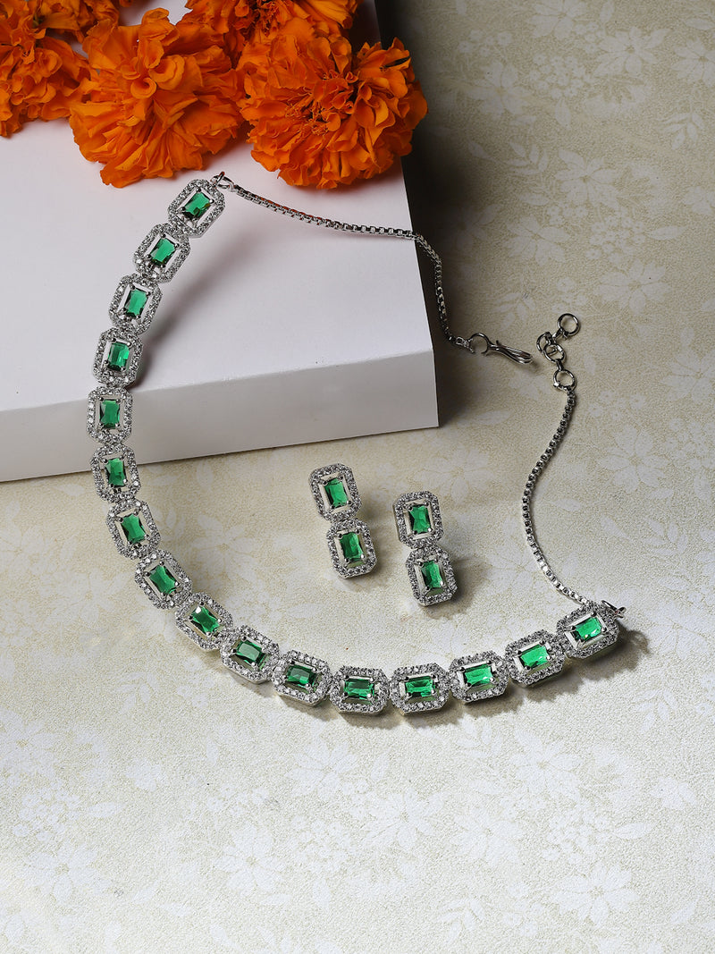 Rhodium-Plated Green American Diamonds Studded Quadrate Shaped Necklace & Earrings Jewellery Set