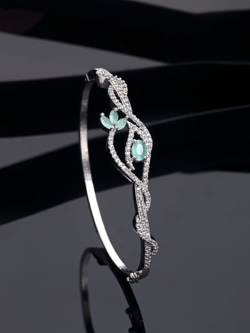 Rhodium-Plated Sea Green American Diamond Studded Handcrafted Kada Bracelet