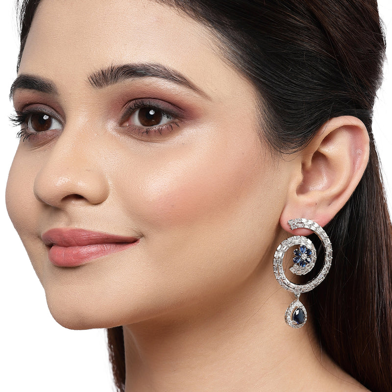 Rhodium-Plated with Silver-Toned American Diamond Circular Drop Earrings