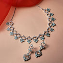 Rhodium-Plated Sea Green Oval American Diamond Studded Circular Shaped Necklace & Earrings Jewellery Set