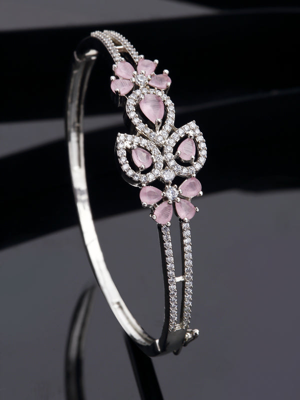 Rhodium-Plated Pink American Diamond Studded Leaf Shaped Kada Bracelet