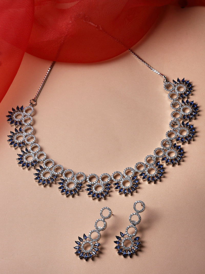 Rhodium-Plated Navy Blue American Diamond Studded Classic Necklace with Earrings Jewellery Set