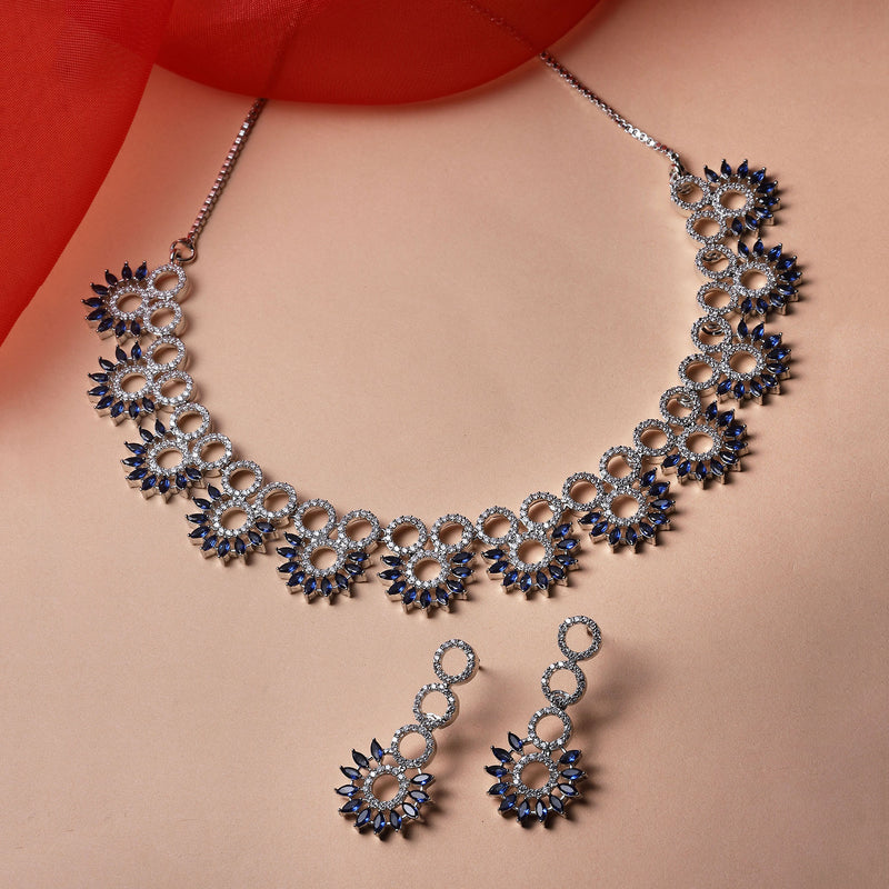 Rhodium-Plated Navy Blue American Diamond Studded Classic Necklace with Earrings Jewellery Set