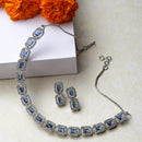 Rhodium-Plated Navy Blue American Diamonds Studded Quadrate Shaped Necklace & Earrings Jewellery Set