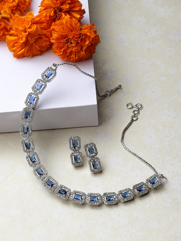 Rhodium-Plated Navy Blue American Diamonds Studded Quadrate Shaped Necklace & Earrings Jewellery Set