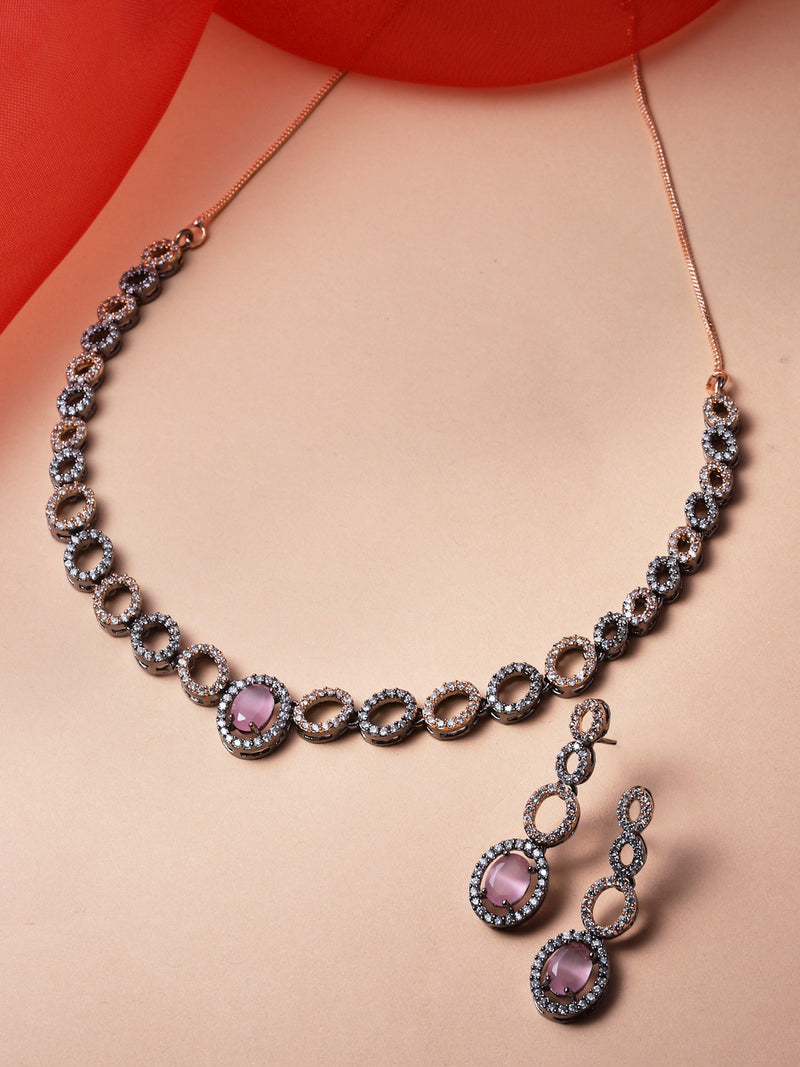 Rose Gold-Plated Gunmetal Toned Pink American Diamonds Studded Ovate Shaped Necklace & Earrings Jewellery Set