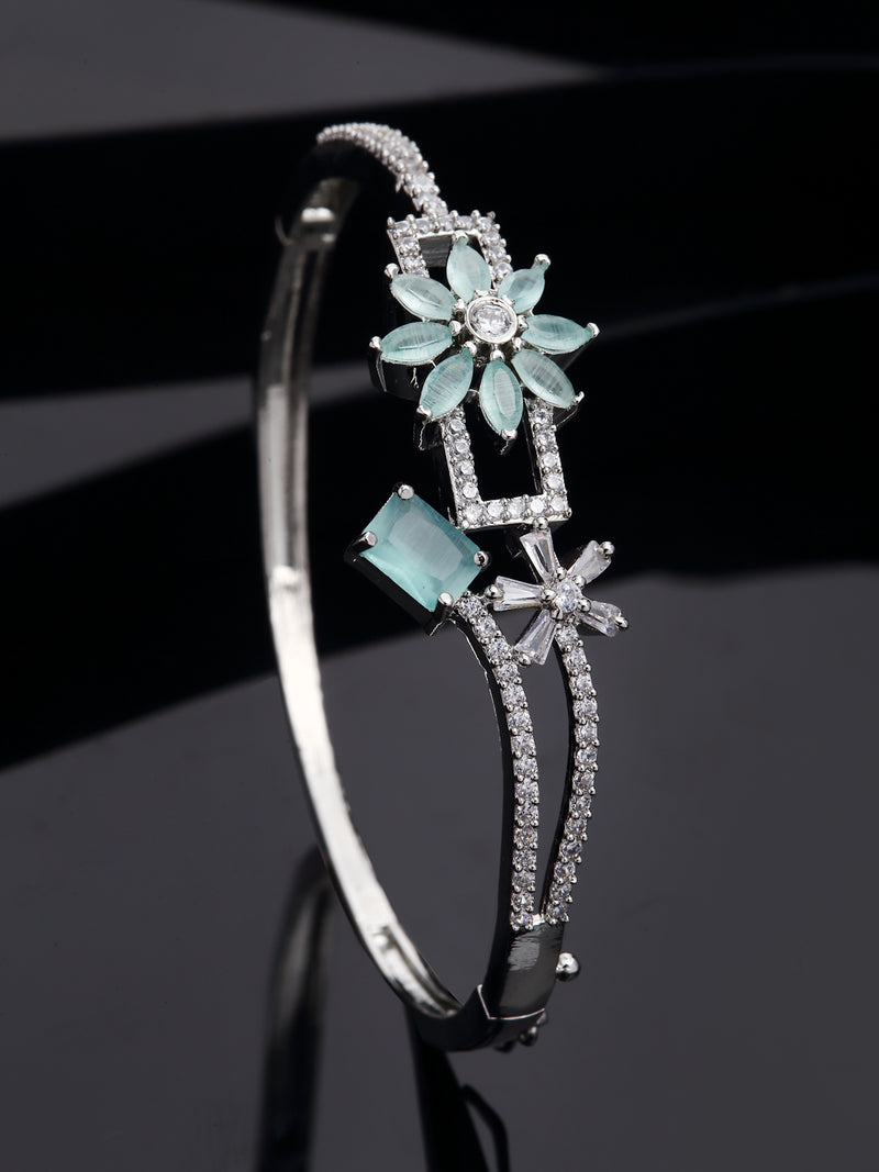Rhodium-Plated Sea Green Flower & Square Shape American Diamond Studded Kada Bracelet