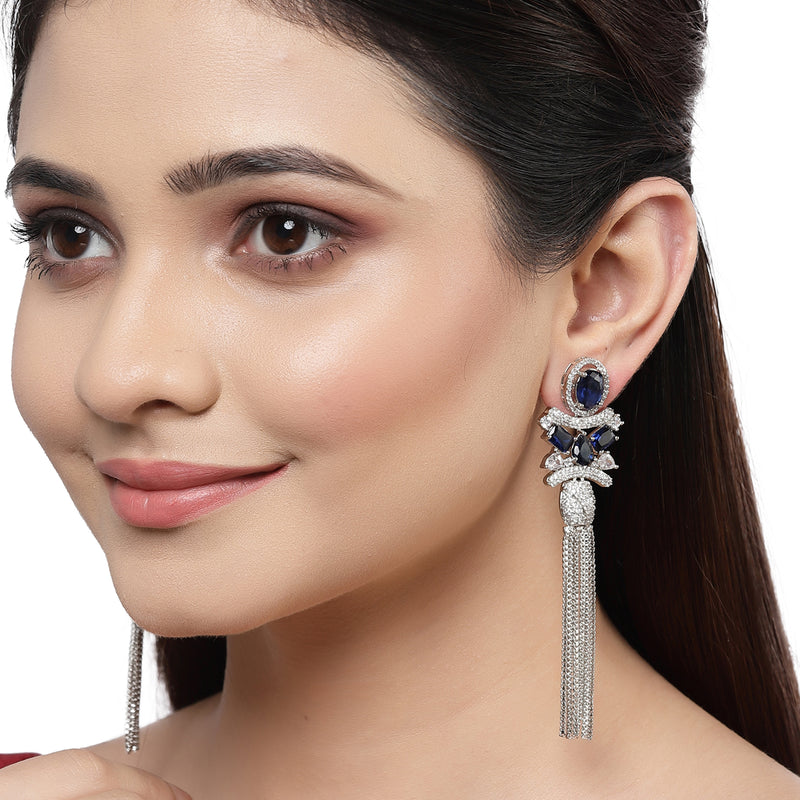 Rhodium-Plated With Silver-Toned American Diamond Studded Drop Earrings