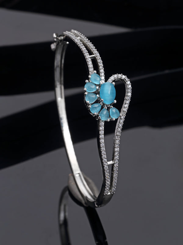 Rhodium-Plated Sky Blue American Diamond Studded Floral Theme Kada Bracelet