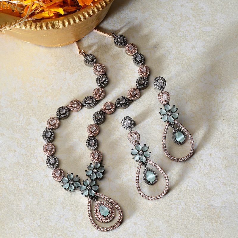 Rose Gold-Plated Gunmetal Toned Sea Green American Diamond Studded Teardrop & Floral Jewellery Set