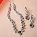 Rhodium-Plated Green American Diamonds Studded Spheroid Necklace & Earrings Jewellery Set