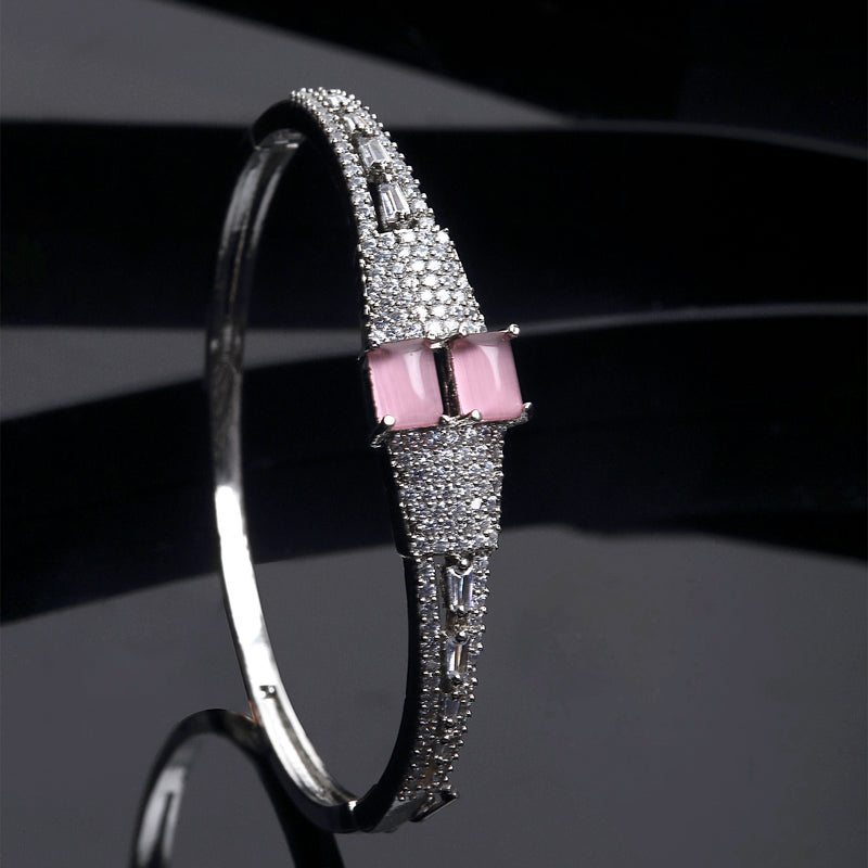 Rhodium-Plated Silver Toned Square Shaped Pink American Diamond Studded Bracelet