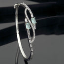 Rhodium-Plated Silver Toned Square Sea Green American Diamond Studded Kada Bracelet