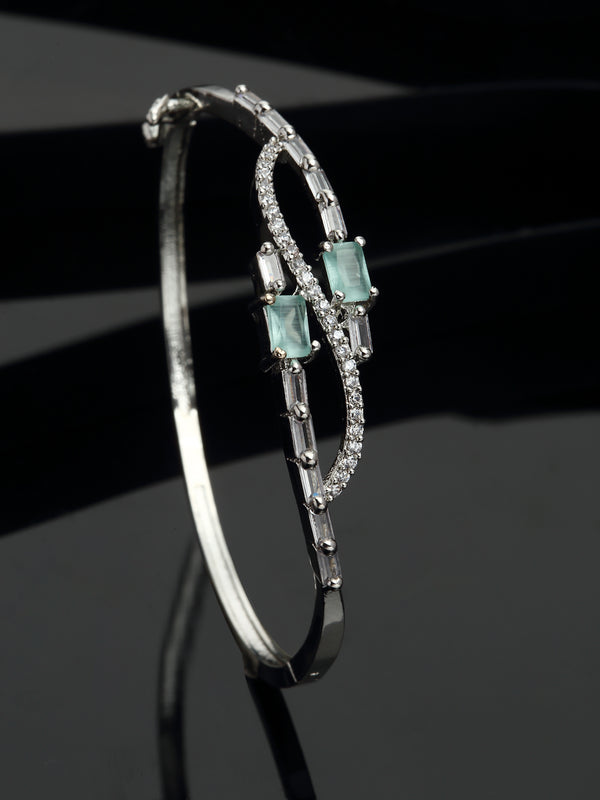 Rhodium-Plated Sea Green American Diamond Studded Kada Bracelet
