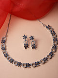 Rhodium-Plated American Diamond Studded Leaf & Circular Shaped Necklace With Earrings Set