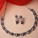 Rhodium-Plated American Diamond Studded Leaf & Circular Shaped Necklace With Earrings Set