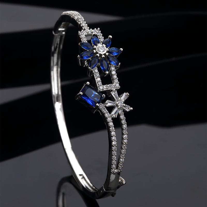 Rhodium-Plated Navy Blue Flower & Square Shape American Diamond Studded Kada Bracelet